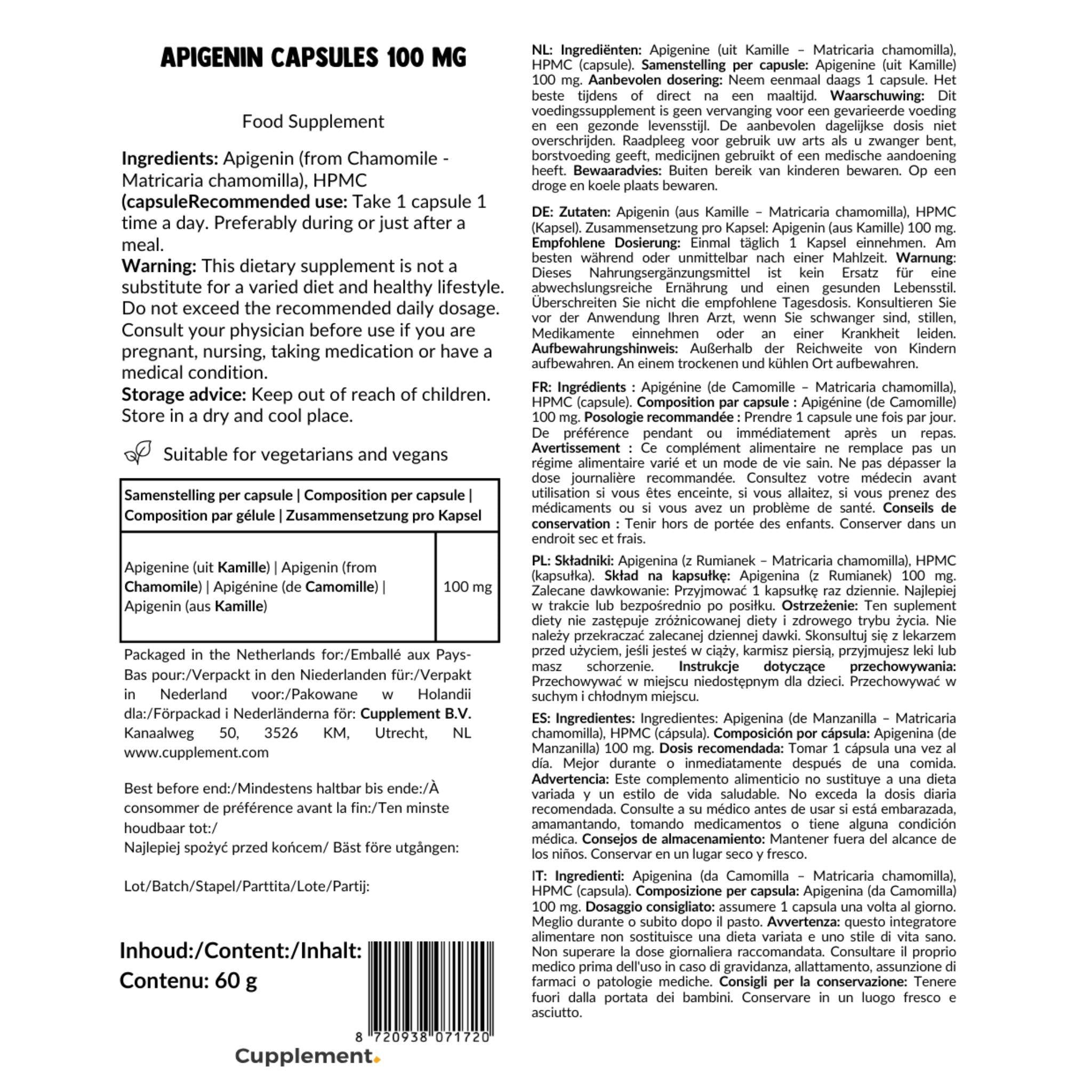 Apigenin Extrakt 100mg - 60 Kapseln - Cupplement - Adaptogen - Adaptogene - Apigenin - montcalia.ch