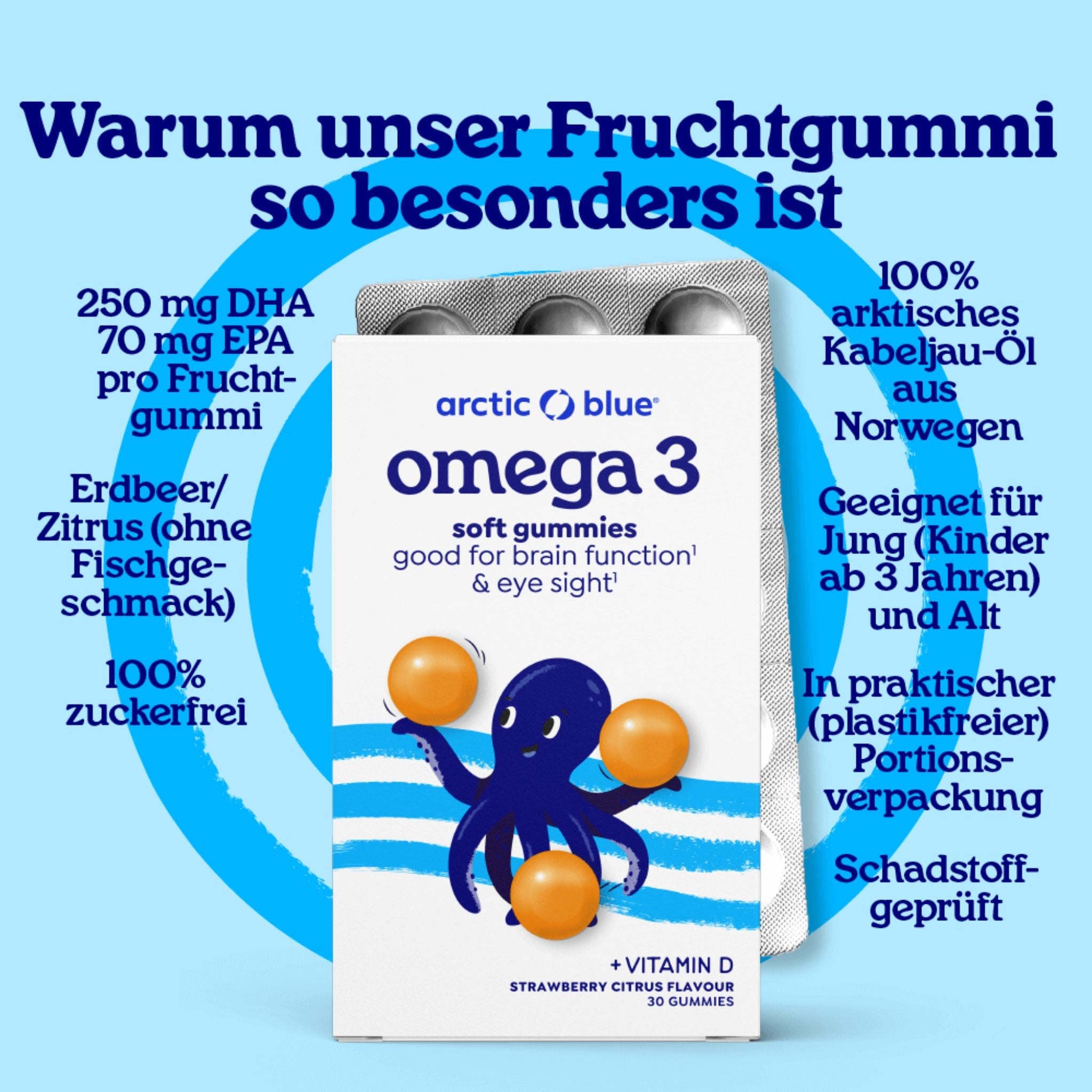 Omega 3 Gummis mit Vitamin D3 für Kinder MSC - 30 Fruchtgummis - Arctic Blue - Alaska - Seelachs - DHA - DPA - montcalia.ch