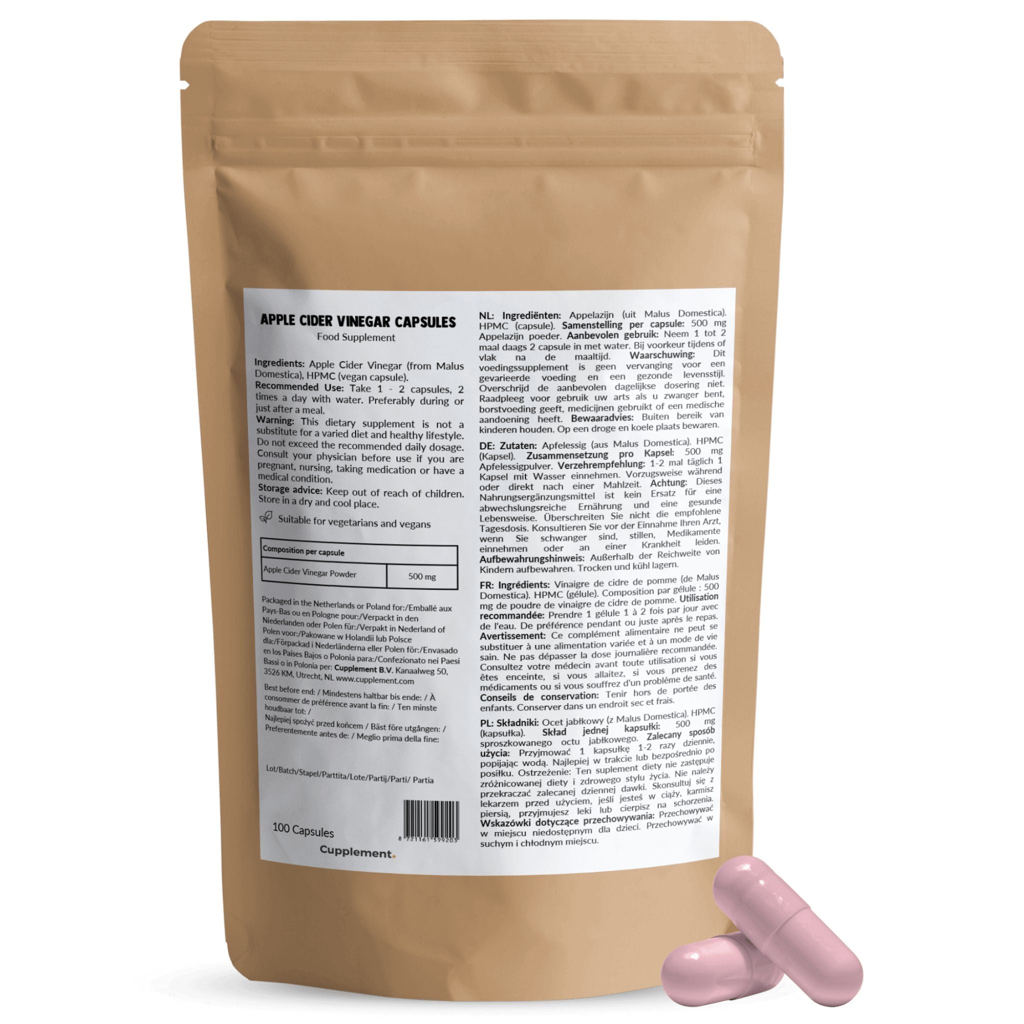 Apfelessig 500mg - 60 Kapseln - Cupplement - Apfelessig - Apple Cider - Kapseln - montcalia.ch